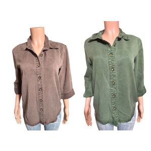 Bundle 2 Women 3/4 sleeve tencel button-down evergreen and walnut shirts M